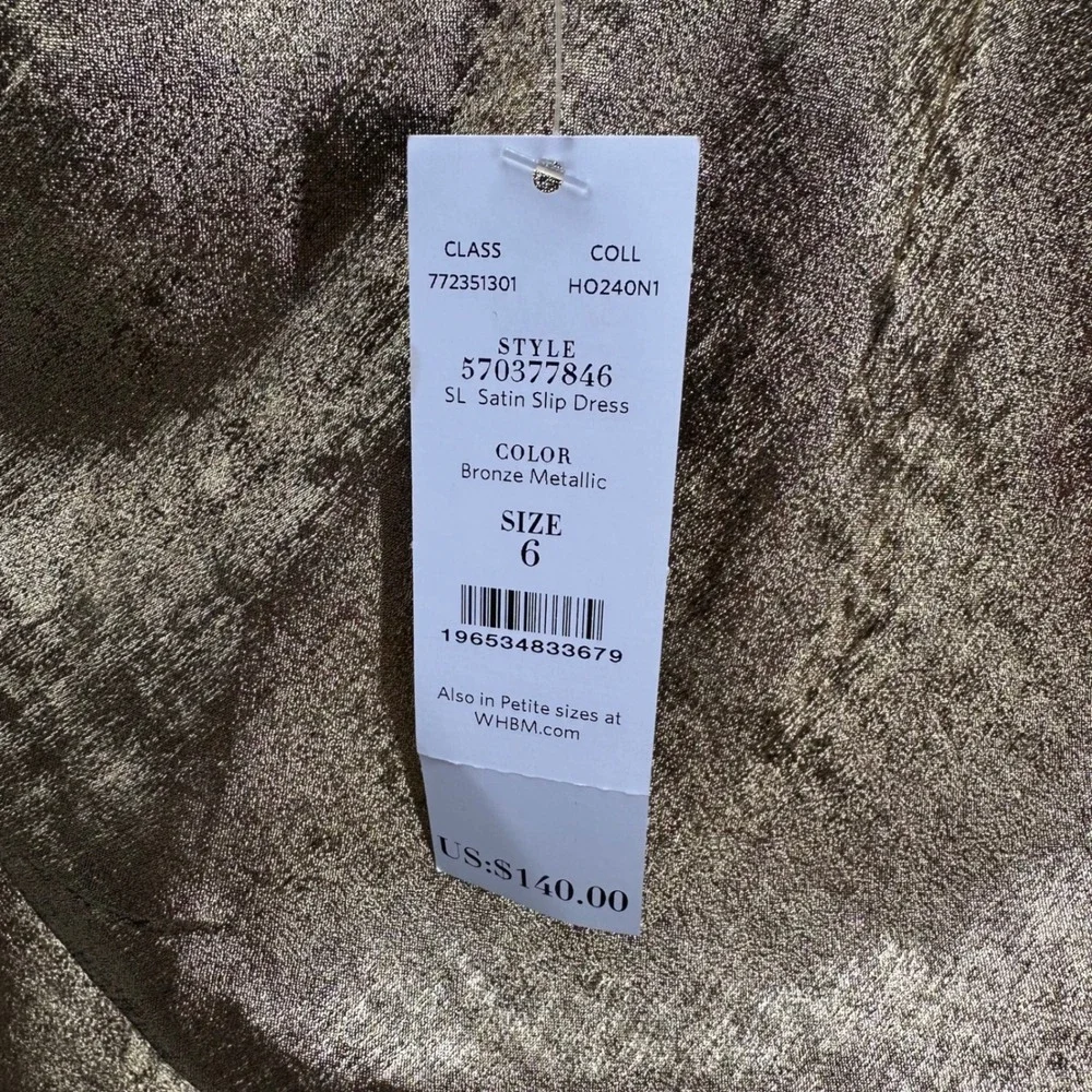 WHBM Bronze Metallic Satin Slip Dress Cross Drape Back Size 6 Cocktail Party NEW